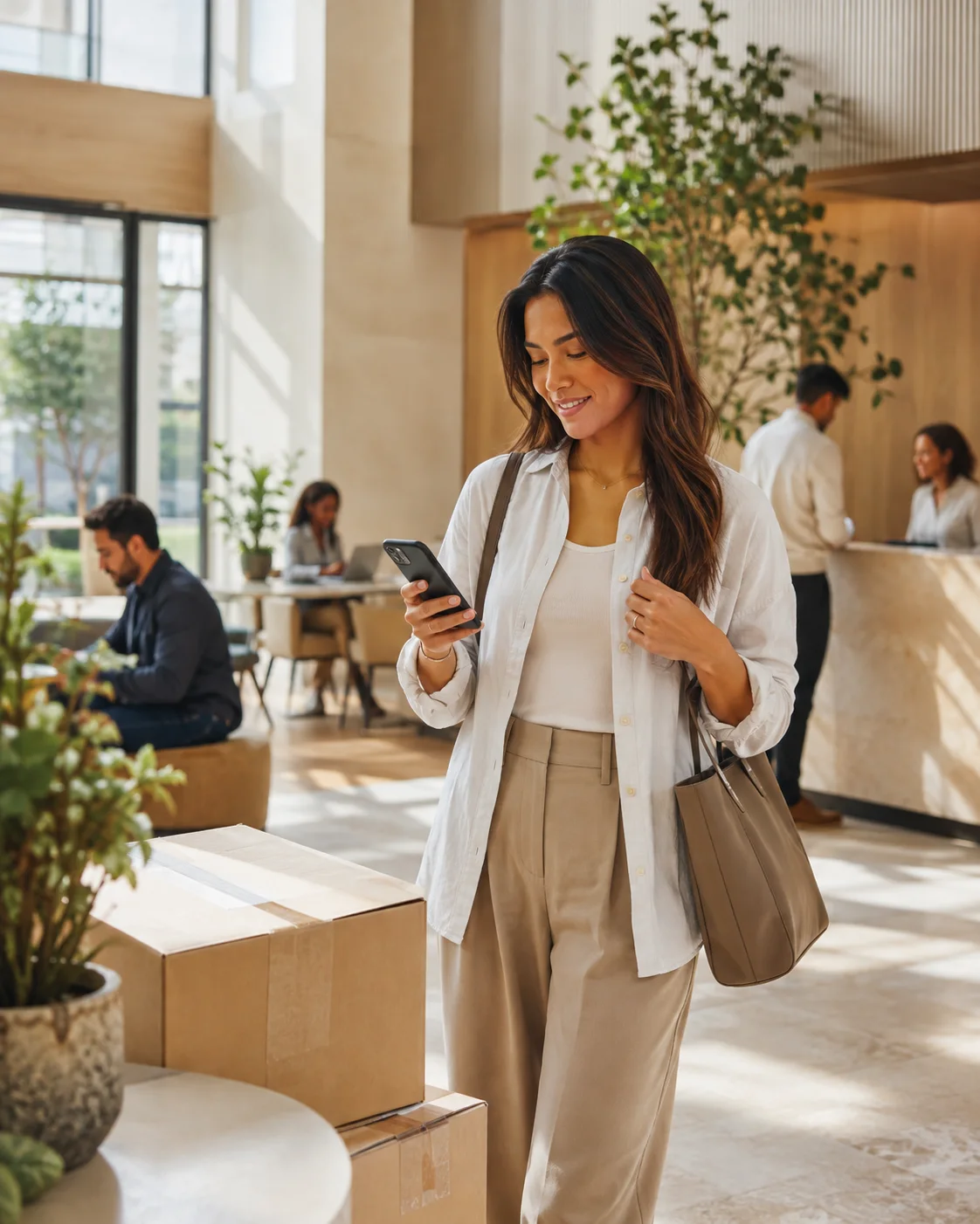 Resident using a mobile service experience in a welcoming apartment lobby